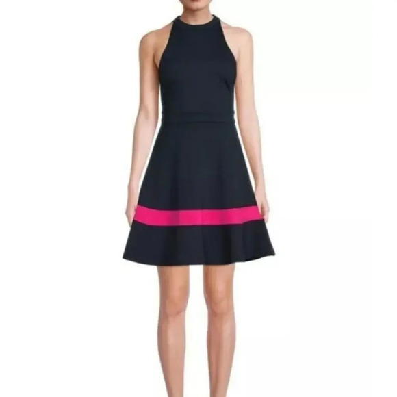 Eliza J Halter Fit & Flare Navy Blue Pink Cocktail Dress Sz 10 Sleeveless Party - Picture 1 of 6